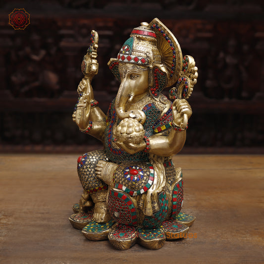 Brass Ganesh seated in Blessing Posture, Stonework & Golden Finish, 16"