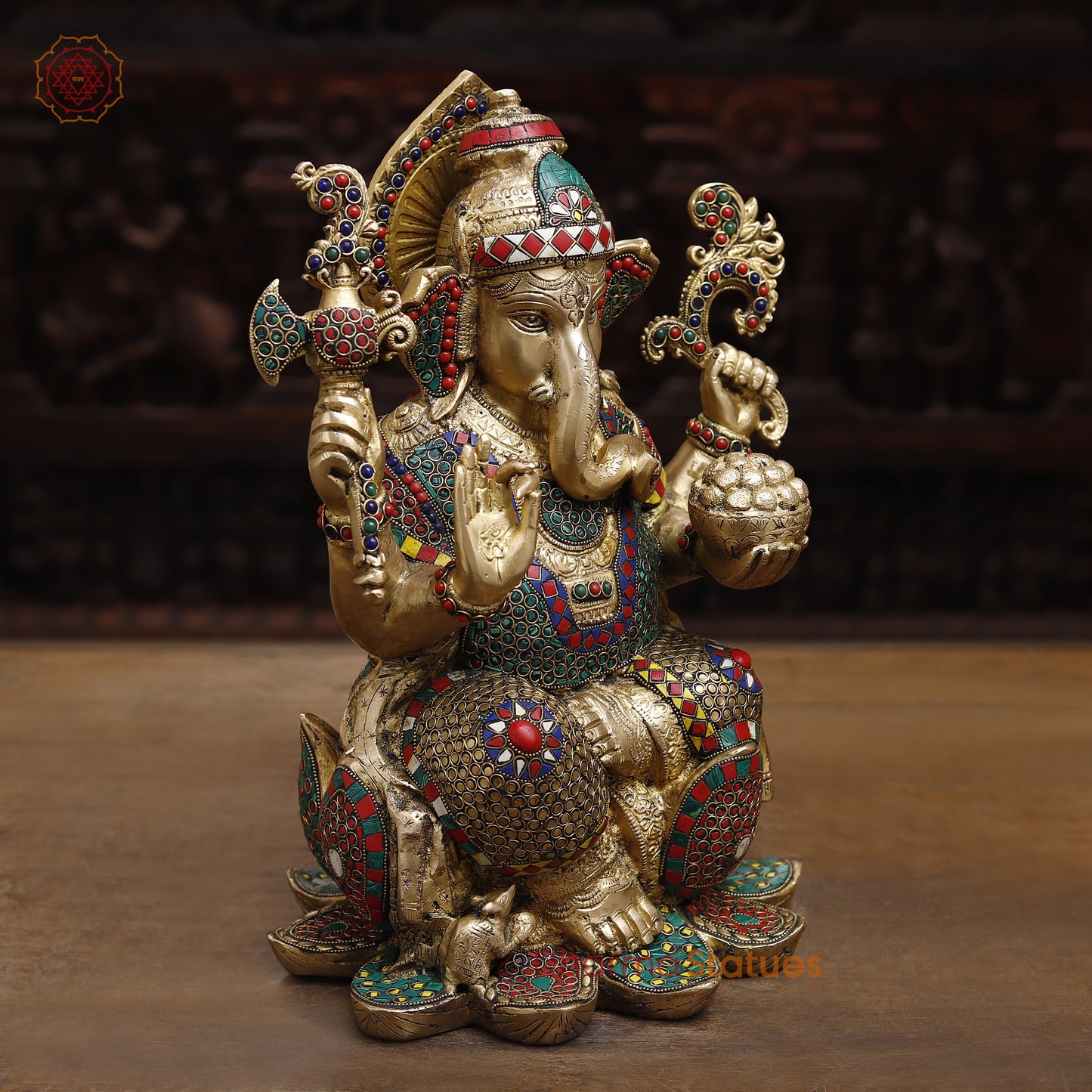 Brass Ganesh seated in Blessing Posture, Stonework & Golden Finish, 16"