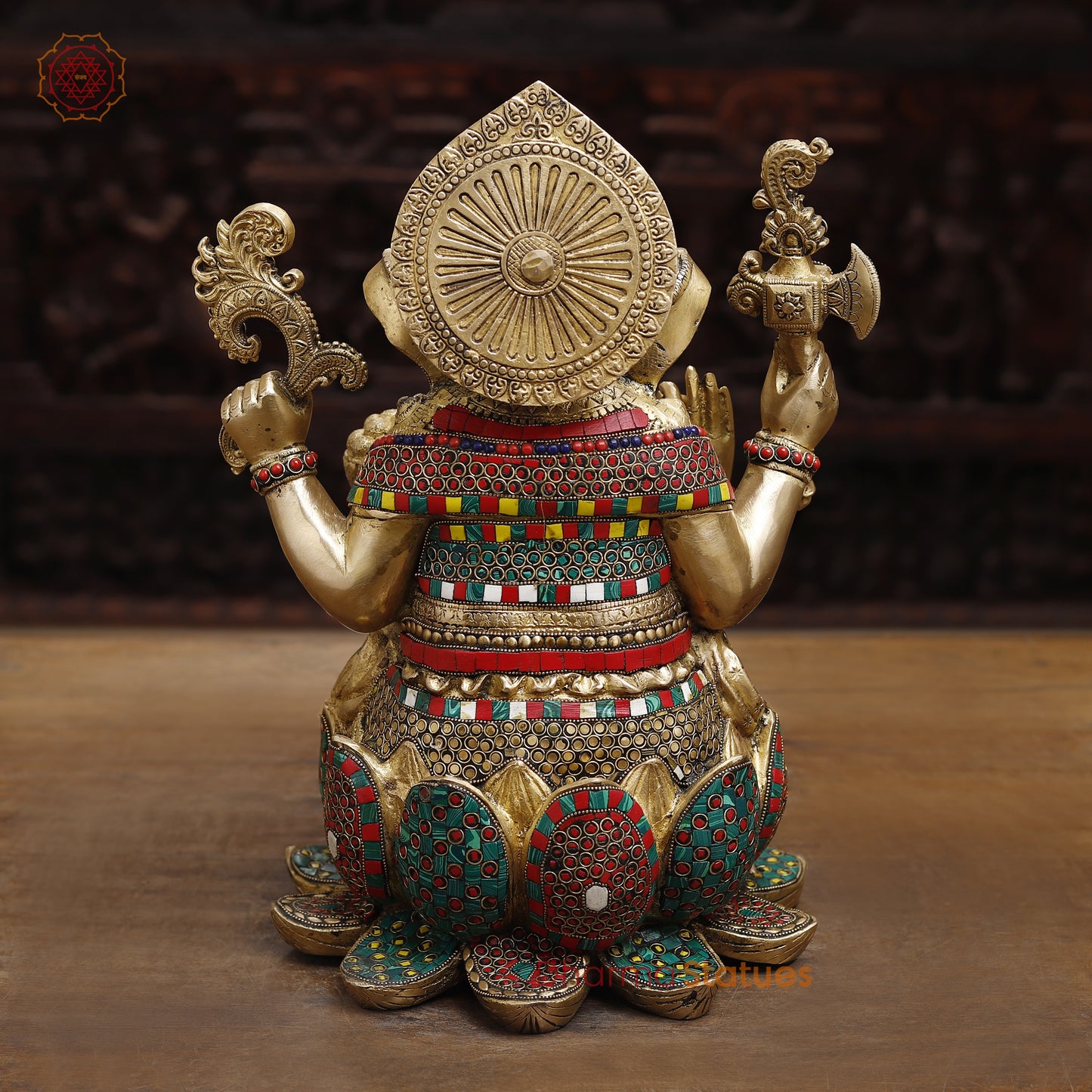 Brass Ganesh seated in Blessing Posture, Stonework & Golden Finish, 16"