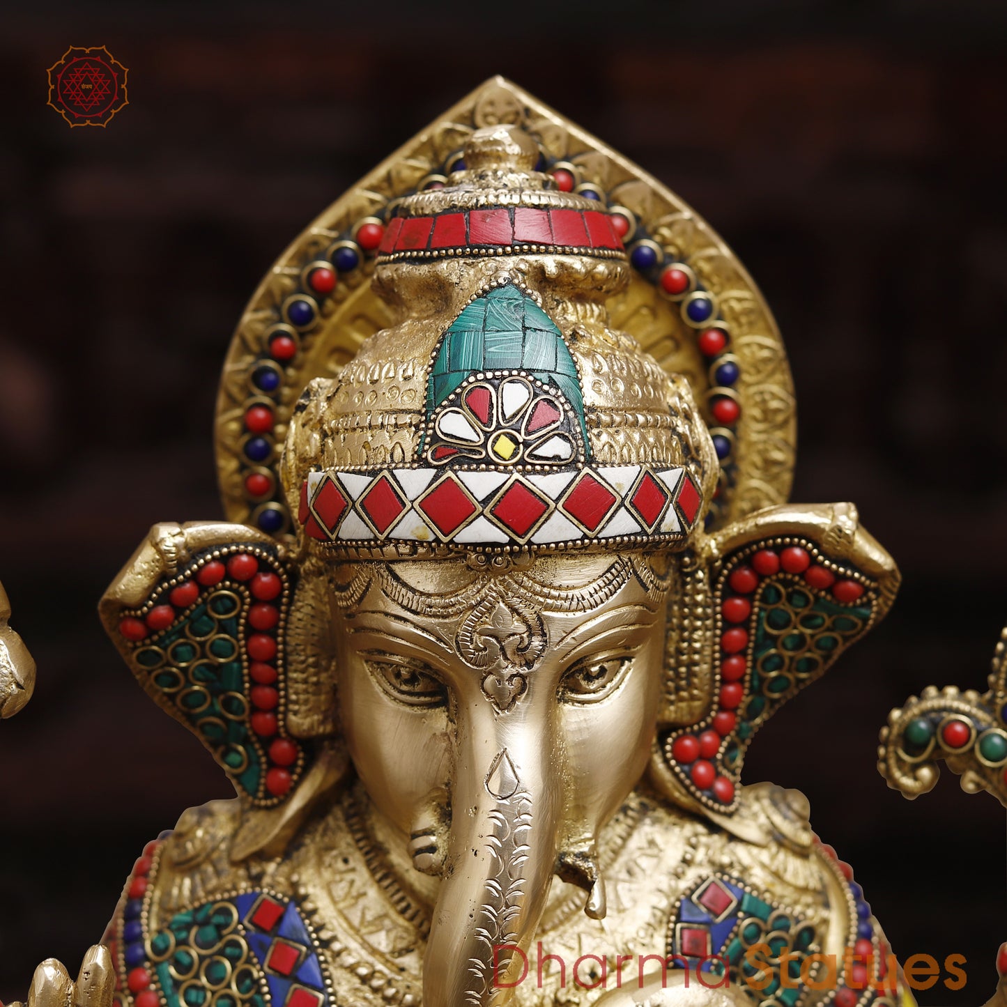Brass Ganesh seated in Blessing Posture, Stonework & Golden Finish, 16"