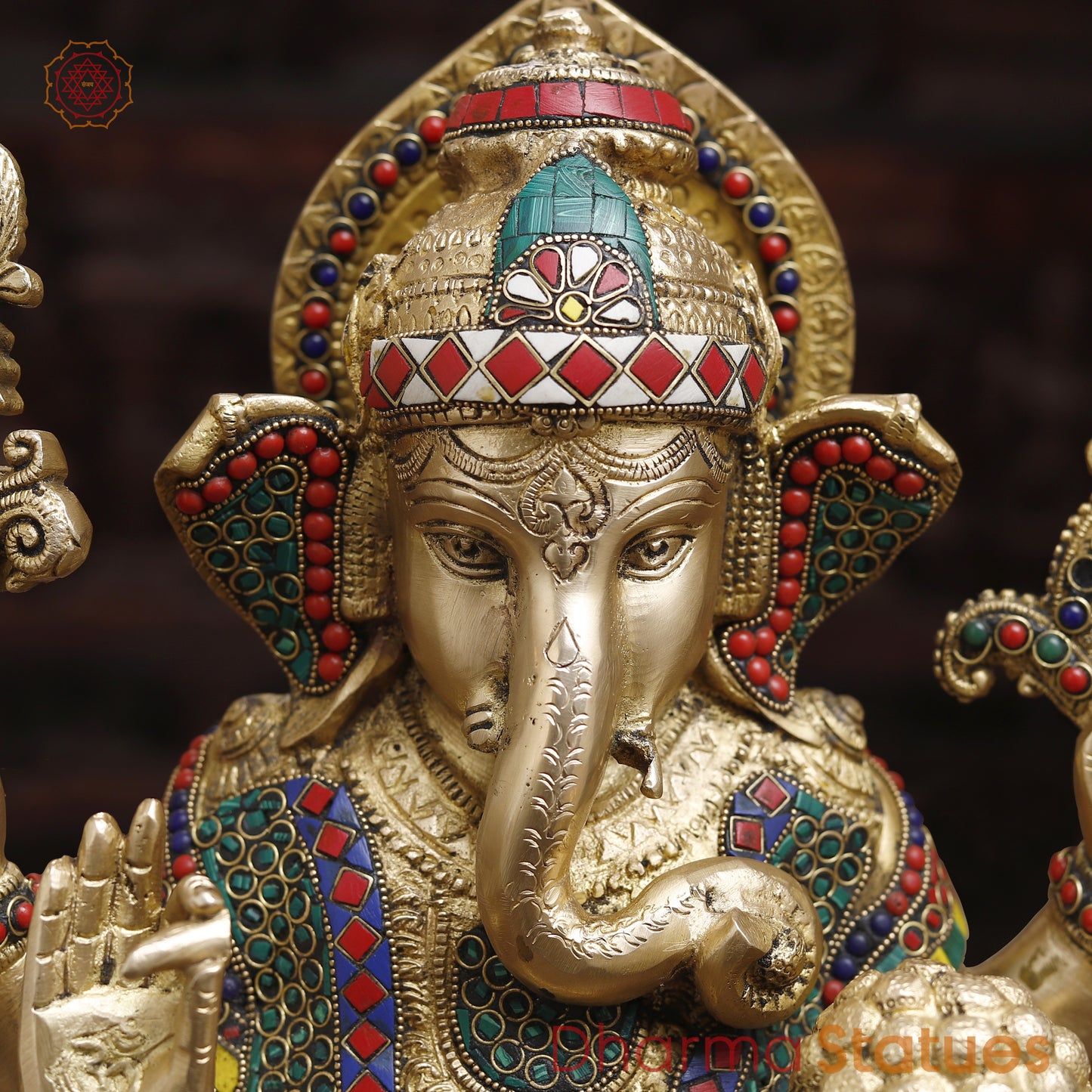 Brass Ganesh seated in Blessing Posture, Stonework & Golden Finish, 16"