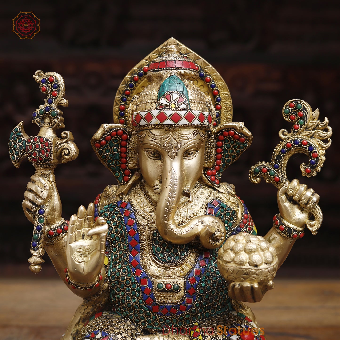 Brass Ganesh seated in Blessing Posture, Stonework & Golden Finish, 16"