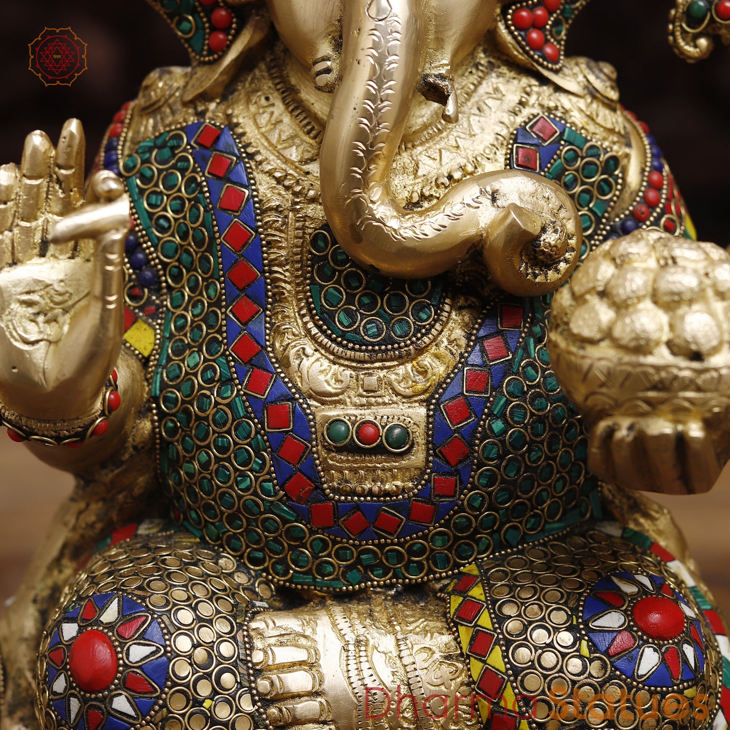 Brass Ganesh seated in Blessing Posture, Stonework & Golden Finish, 16"