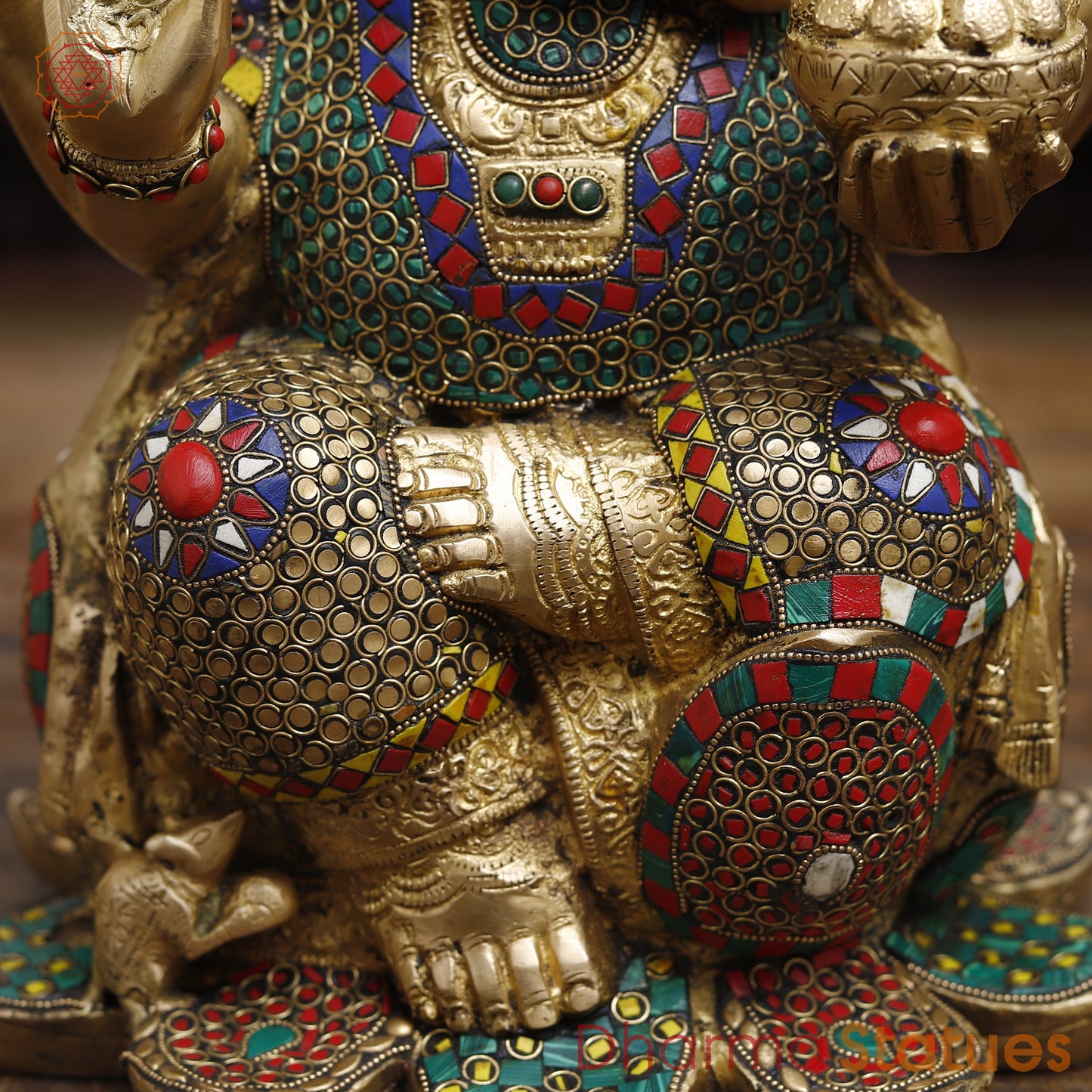 Brass Ganesh seated in Blessing Posture, Stonework & Golden Finish, 16"