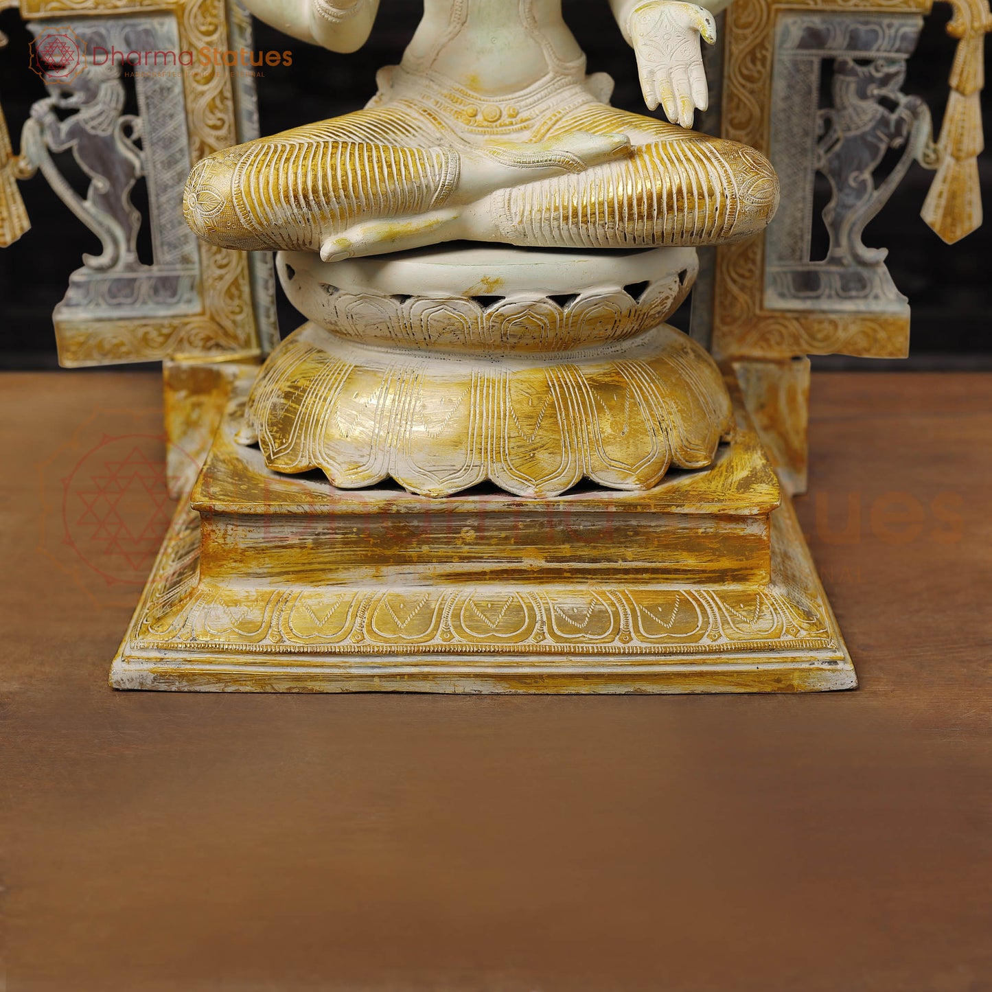Brass Lakshmi Idol, Seated on Throne, Ivory & Rustic Gold 32.5"