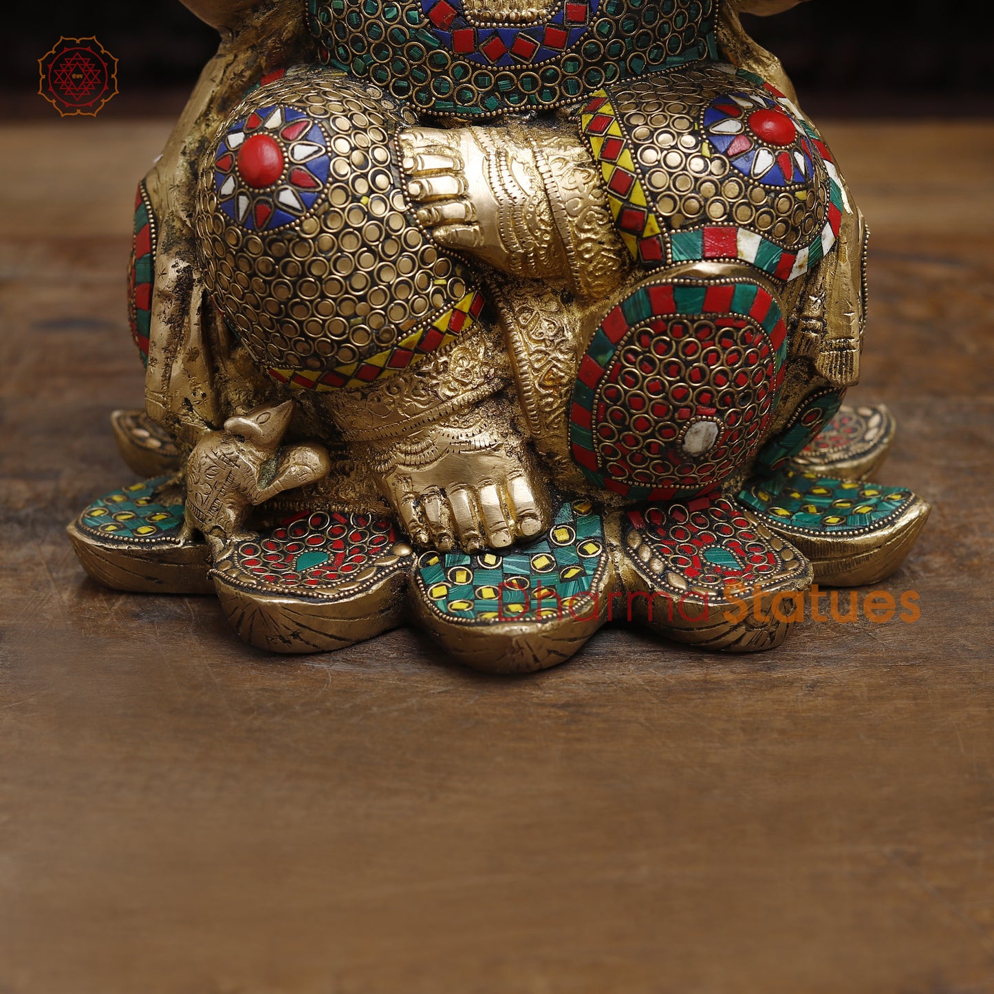 Brass Ganesh seated in Blessing Posture, Stonework & Golden Finish, 16"