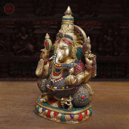 Brass Ganesh Seated in Blessing Posture, Stonework & Golden Finish, 24"