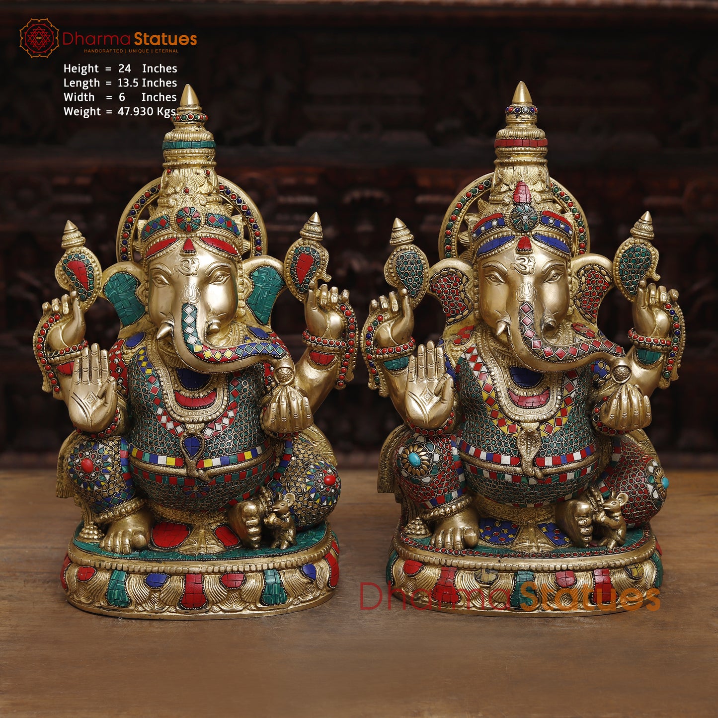 Brass Ganesh Seated in Blessing Posture, Stonework & Golden Finish, 24"