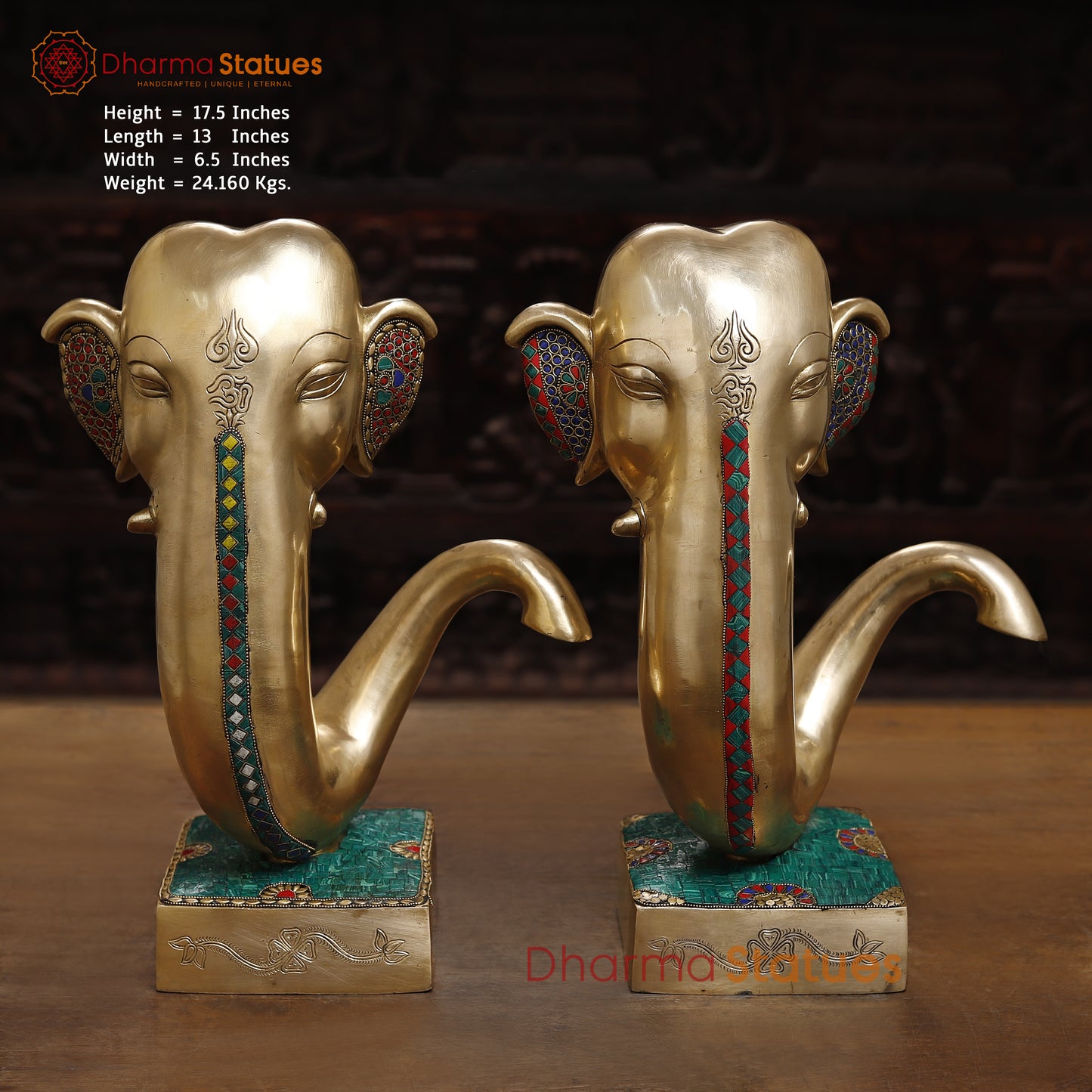 Brass Modern Ganesh Head, Stonework & Golden Fine Finish, 17.5"