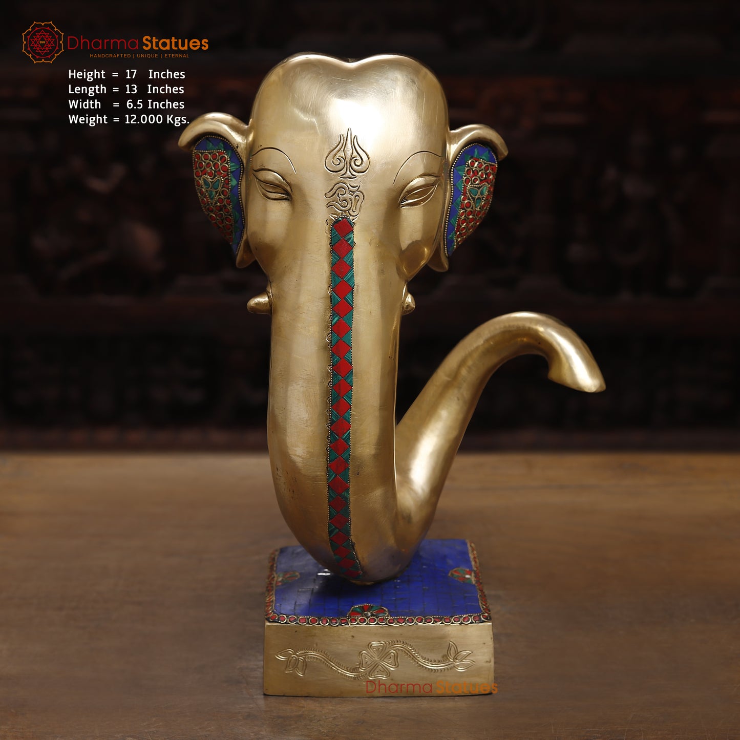 Brass Modern Ganesh Head, Stonework & Golden Fine Finish, 17.5"