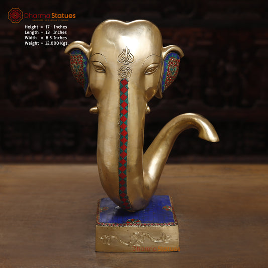 Brass Modern Ganesh Head, Stonework & Golden Fine Finish, 17.5"