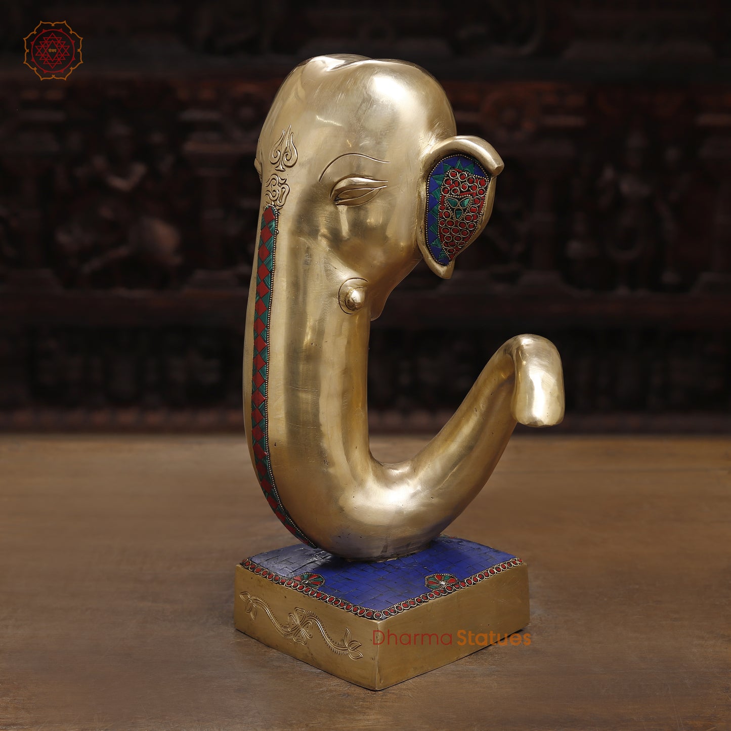 Brass Modern Ganesh Head, Stonework & Golden Fine Finish, 17.5"
