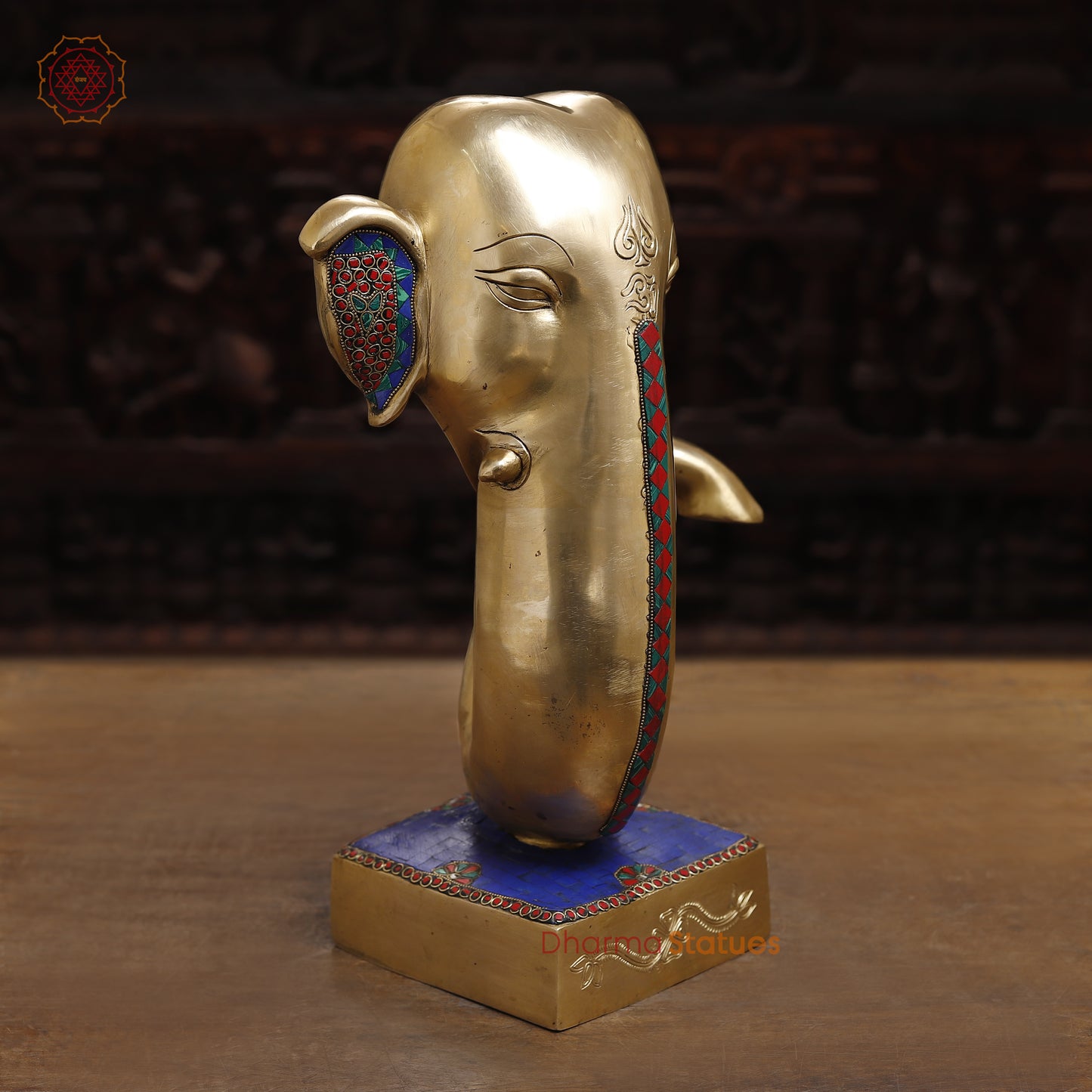 Brass Modern Ganesh Head, Stonework & Golden Fine Finish, 17.5"
