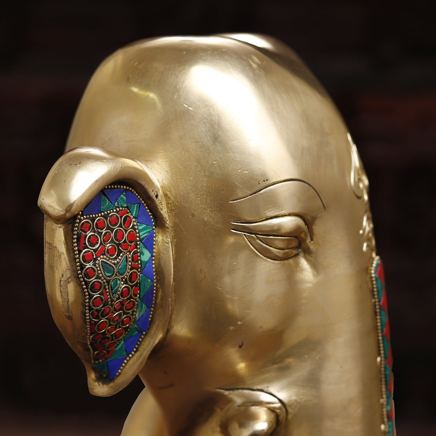 Brass Modern Ganesh Head, Stonework & Golden Fine Finish, 17.5"