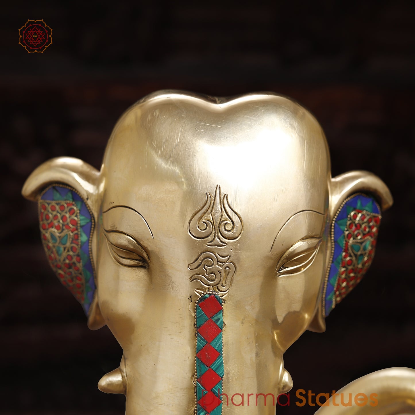 Brass Modern Ganesh Head, Stonework & Golden Fine Finish, 17.5"