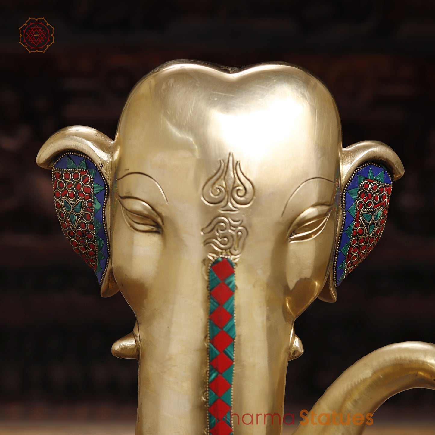 Brass Modern Ganesh Head, Stonework & Golden Fine Finish, 17.5"