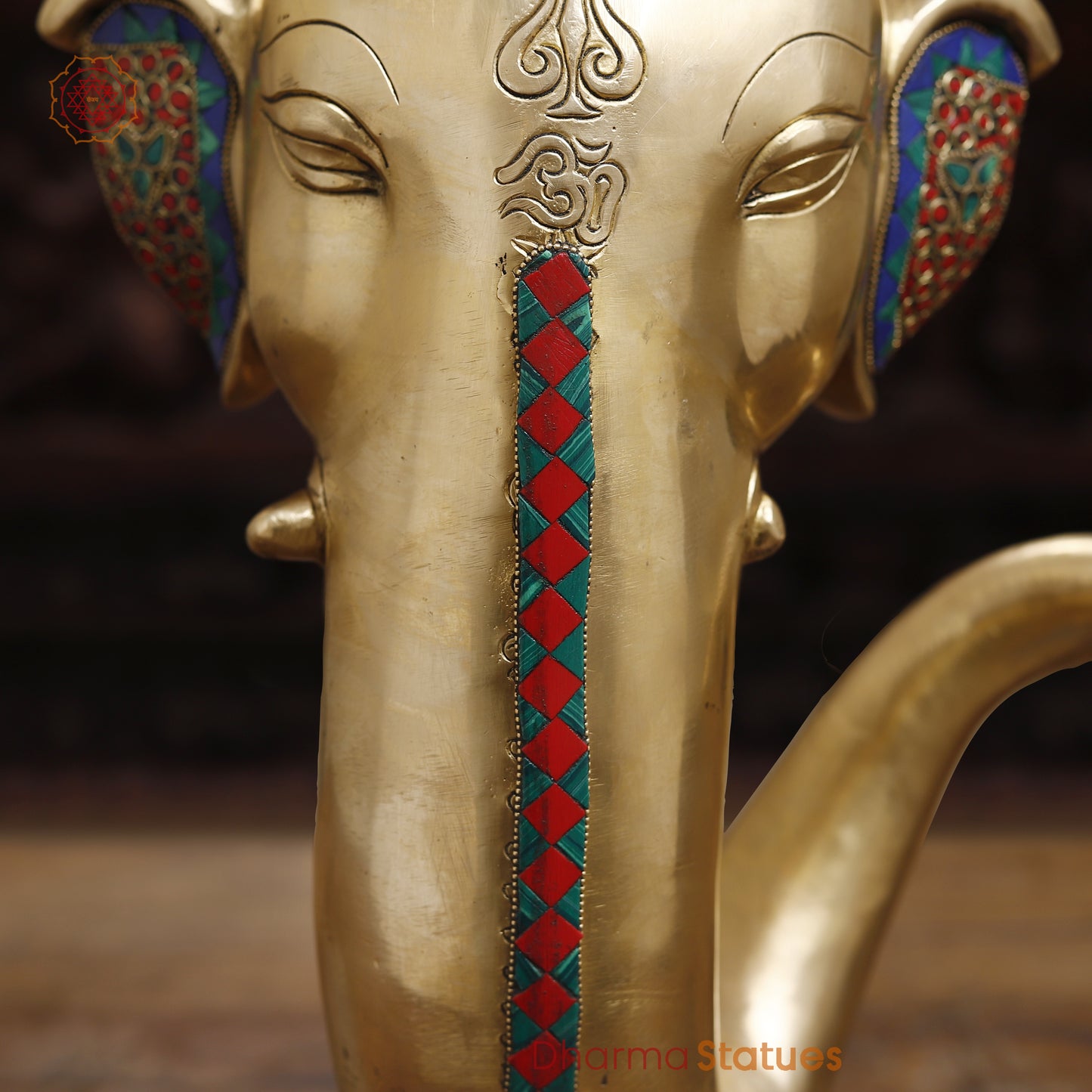 Brass Modern Ganesh Head, Stonework & Golden Fine Finish, 17.5"