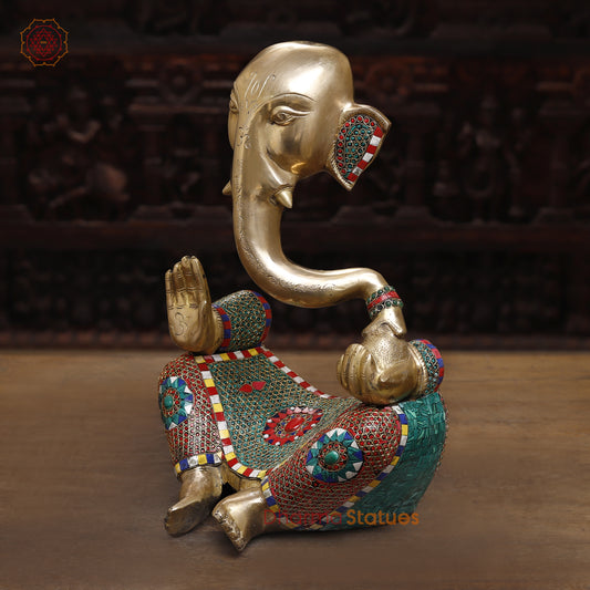 Brass Modern Ganesh Idol, Golden & Stonework, 18.5"