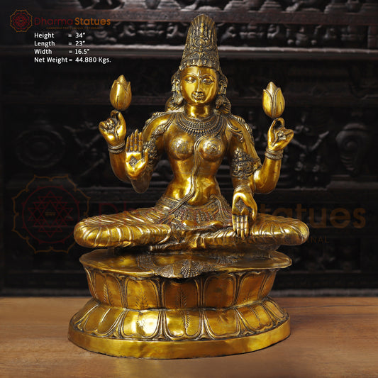 Lakshmi Brass Idol, Sitting on Lotus Pedastal , Fine Golden Work 34"