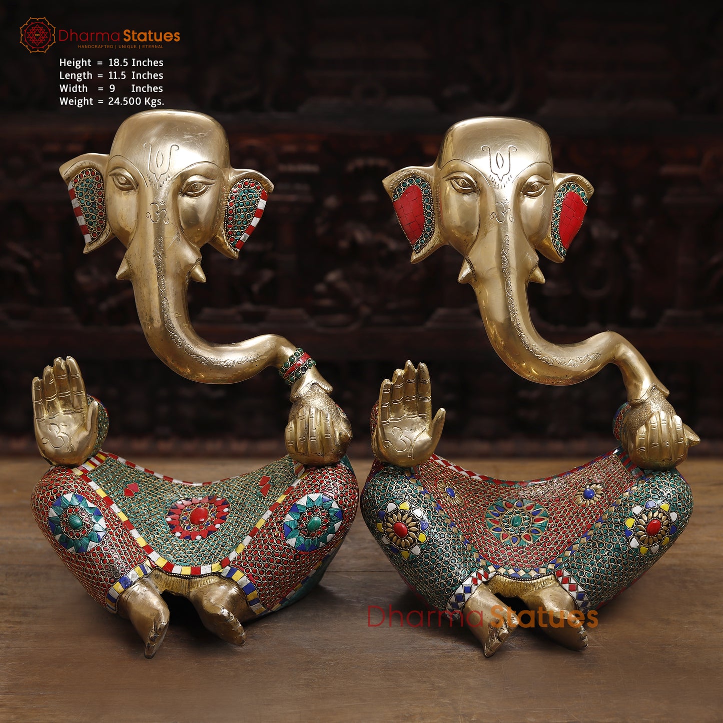 Brass Modern Ganesh Idol, Golden & Stonework, 18.5"