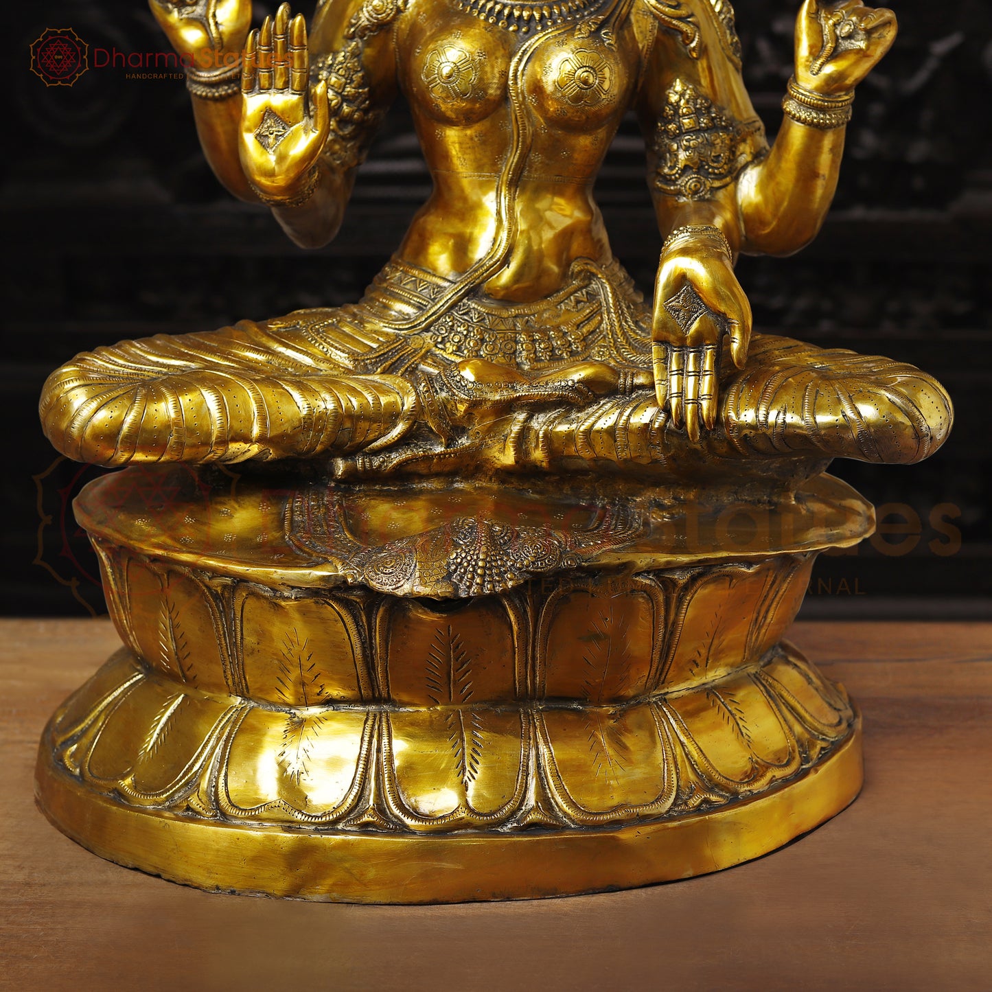 Lakshmi Brass Idol, Sitting on Lotus Pedastal , Fine Golden Work 34"