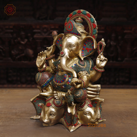 Brass Ganesh Seated on Elephant Pedestal, Stonework & Golden Finish, 20"