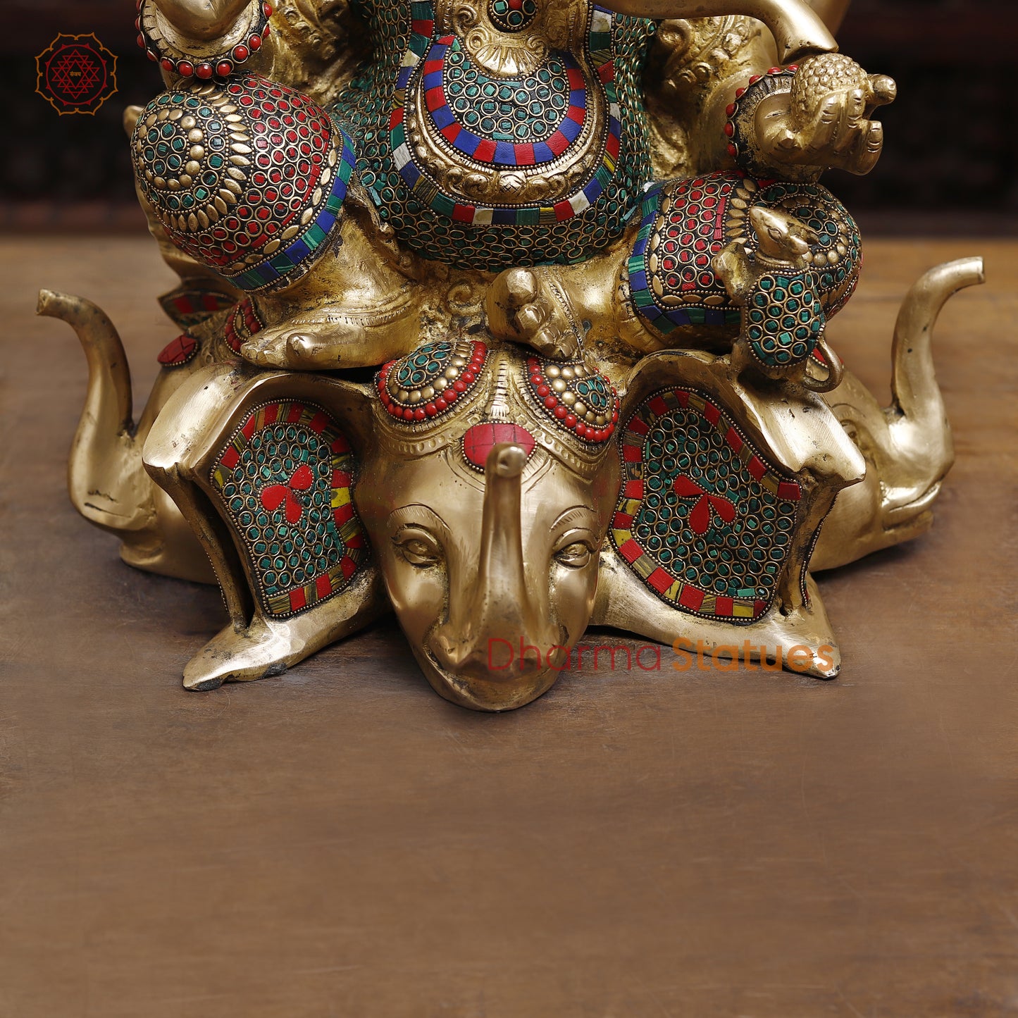 Brass Ganesh Seated on Elephant Pedestal, Stonework & Golden Finish, 20"