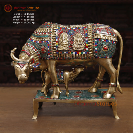 Brass Kamdhenu Cow, Feeding His calf, Lakshmi & Ganesh Engraved, Golden and Stone work 9.5"