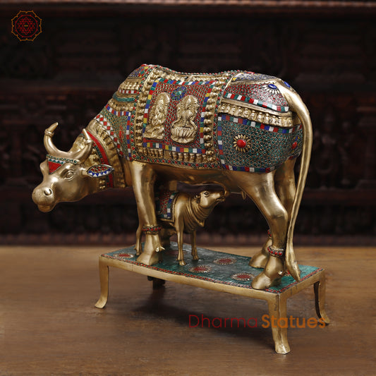Brass Kamdhenu Cow, Feeding His calf, Lakshmi & Ganesh Engraved, Golden and Stone work 9.5"