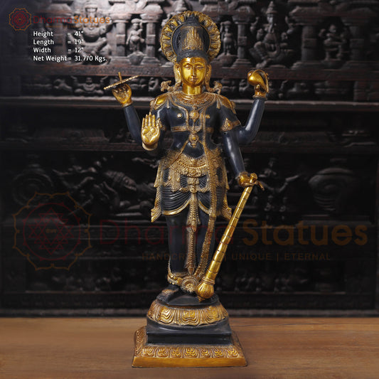 Brass Vishnu Idol, Standing With Chakra & Conch, Black Patina with Golden Accents 41"