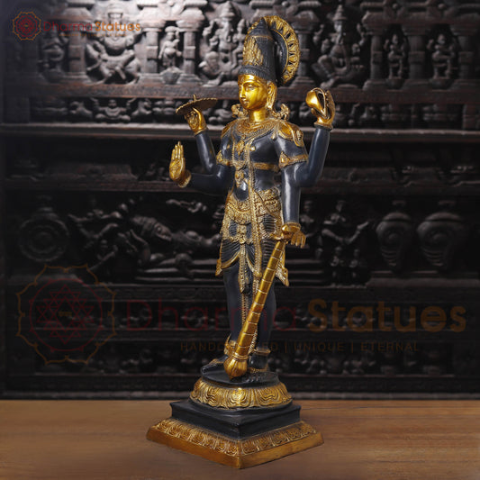 Brass Vishnu Idol, Standing With Chakra & Conch, Black Patina with Golden Accents 41"