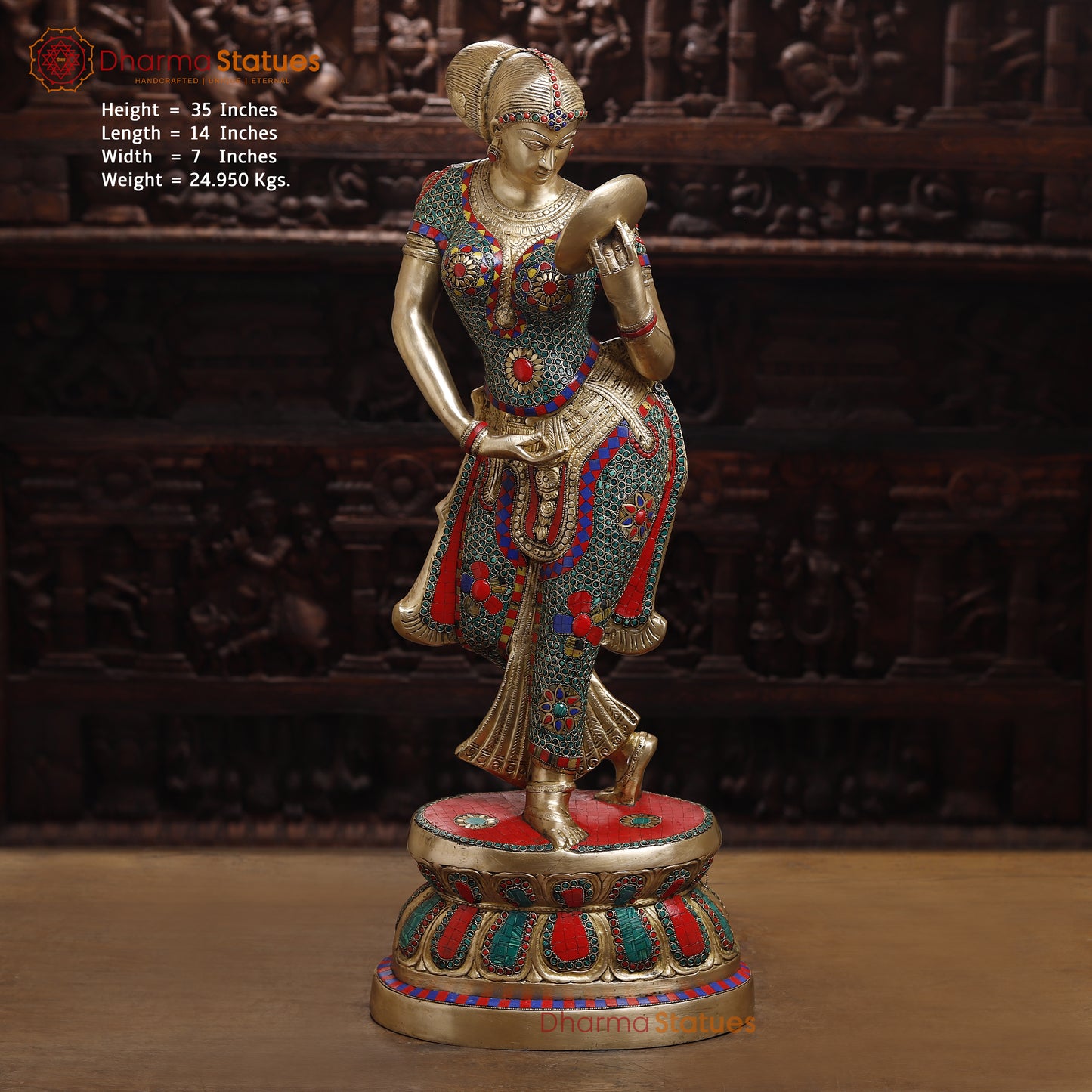 Brass Mirror Lady with Inlay Work, Stonework & Golden Finish, 35"