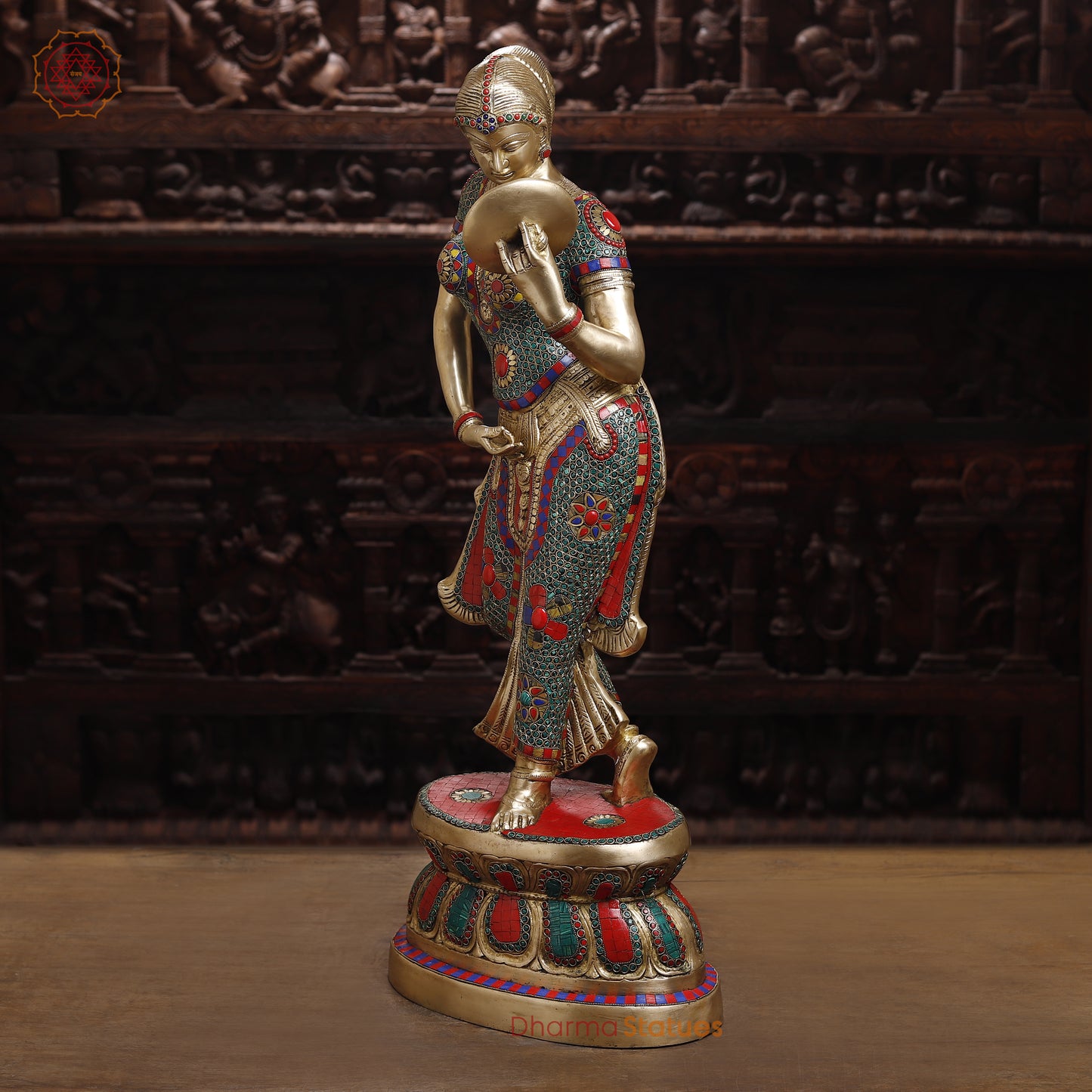 Brass Mirror Lady with Inlay Work, Stonework & Golden Finish, 35"