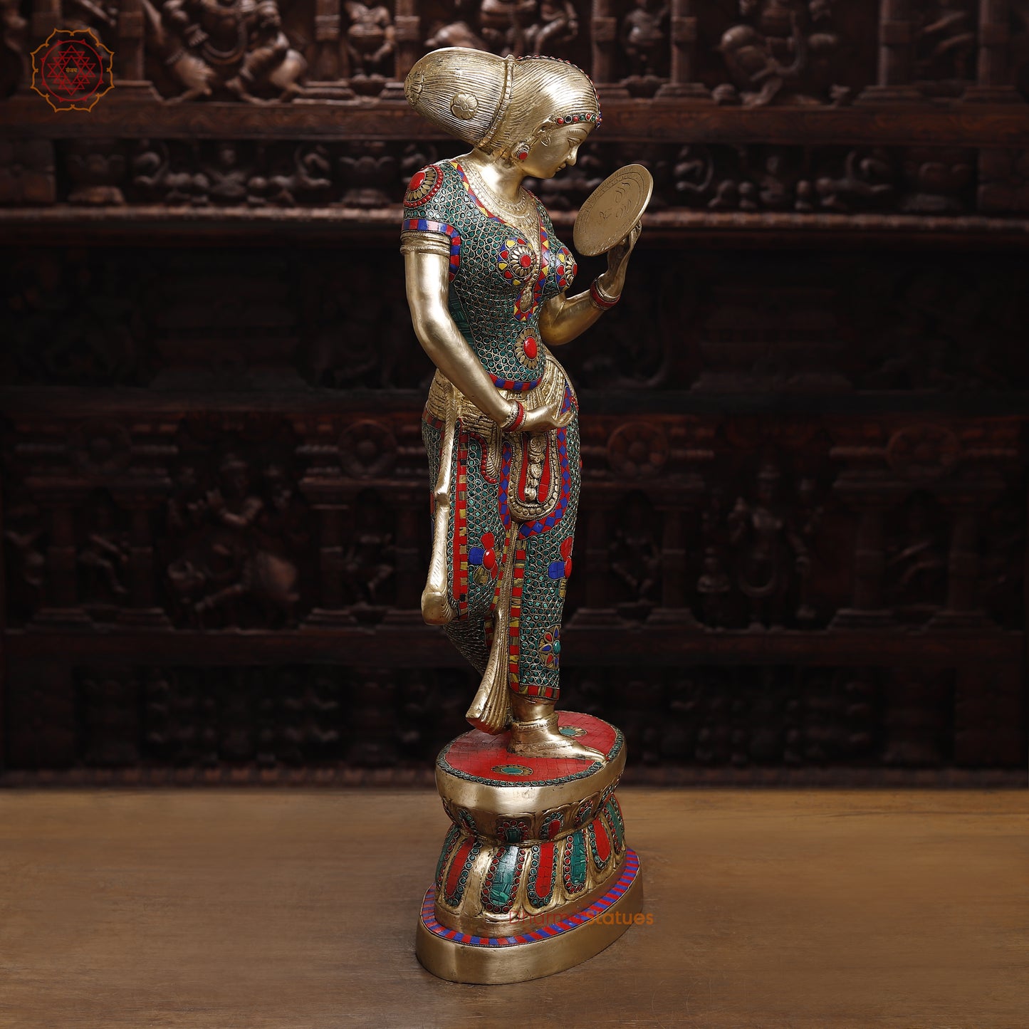 Brass Mirror Lady with Inlay Work, Stonework & Golden Finish, 35"