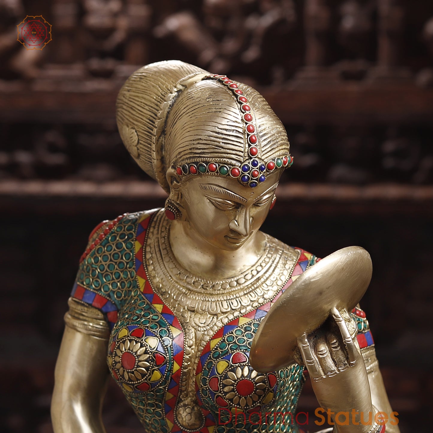 Brass Mirror Lady with Inlay Work, Stonework & Golden Finish, 35"