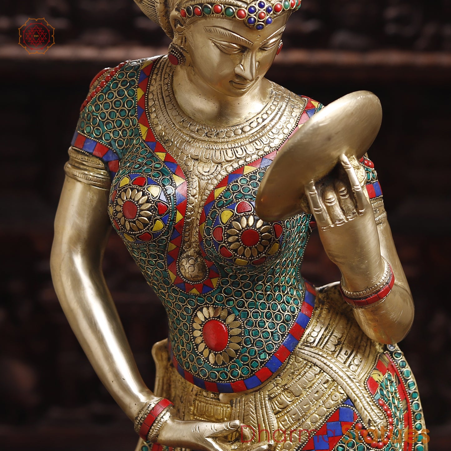 Brass Mirror Lady with Inlay Work, Stonework & Golden Finish, 35"