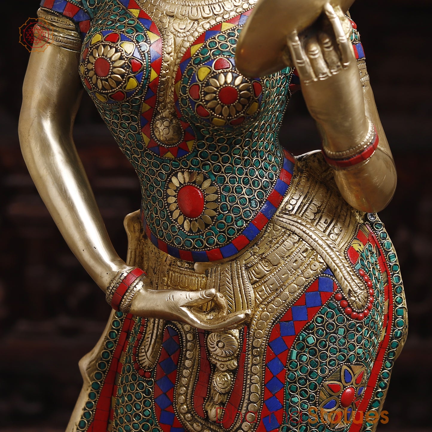 Brass Mirror Lady with Inlay Work, Stonework & Golden Finish, 35"