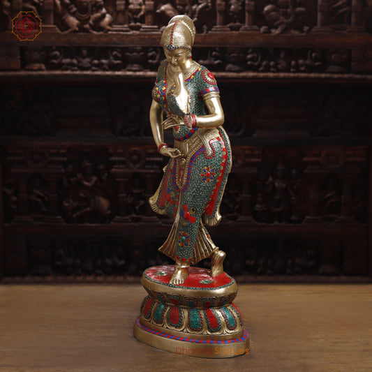 Brass Lady with Inlay Work, Stonework & Golden Finish, 35"