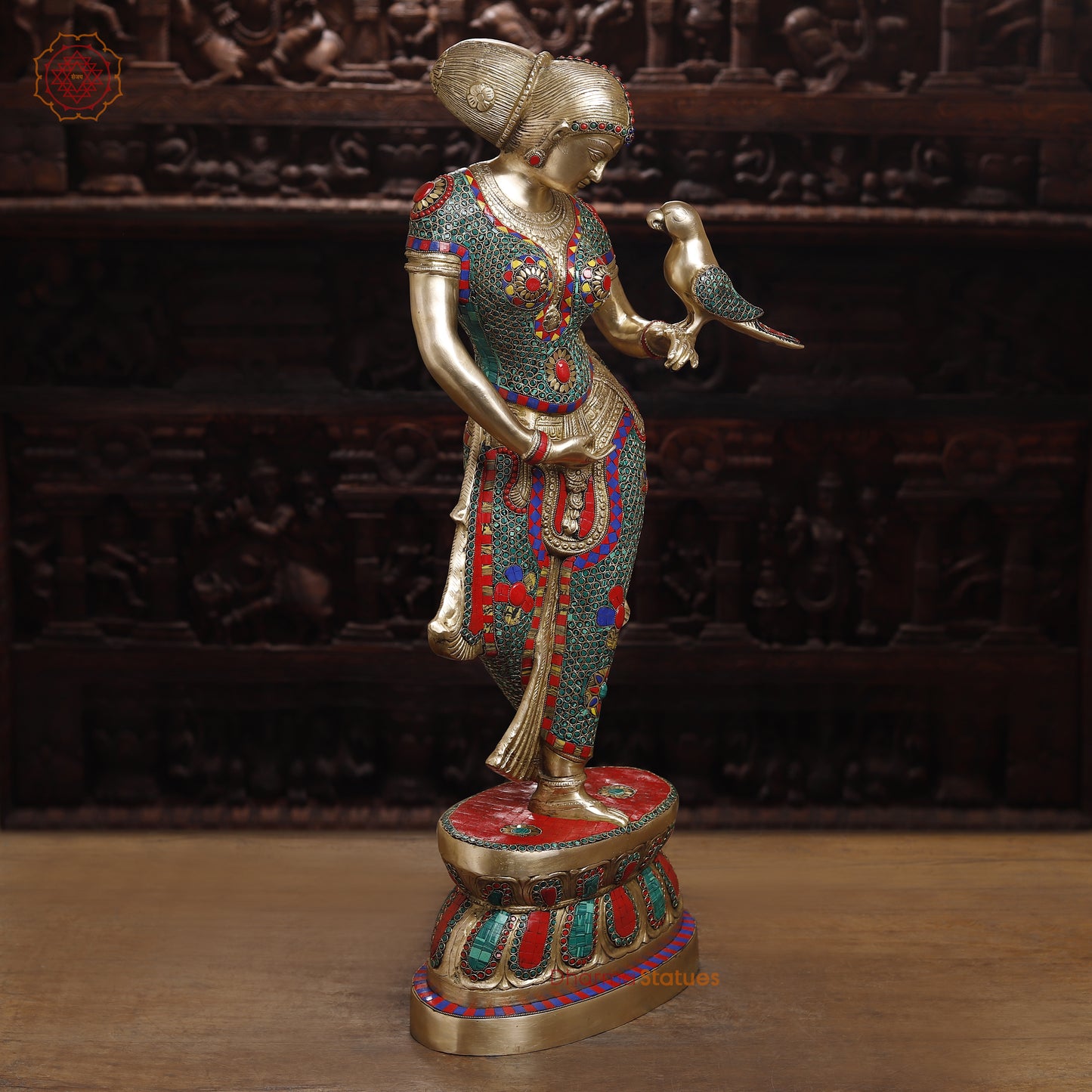 Brass Lady with Inlay Work, Stonework & Golden Finish, 35"