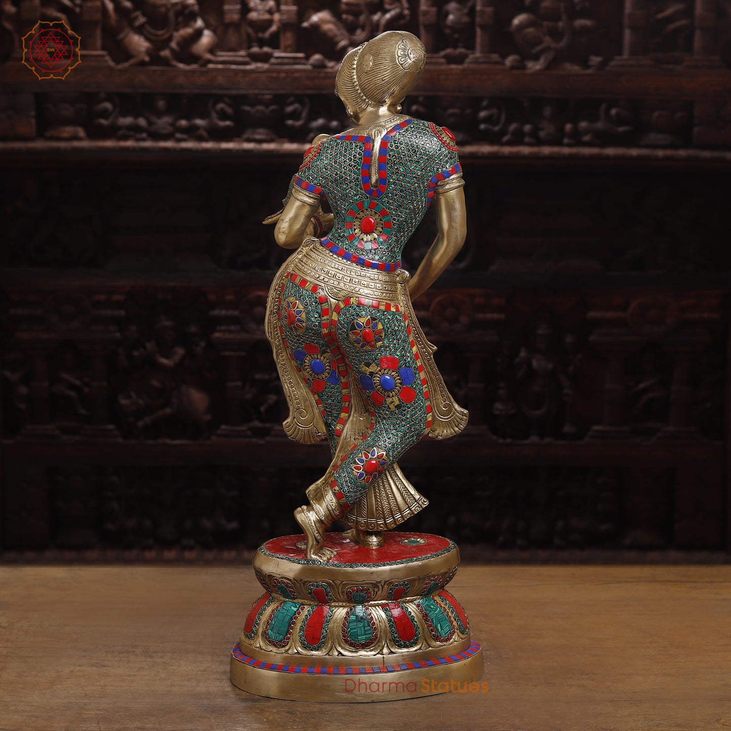 Brass Lady with Inlay Work, Stonework & Golden Finish, 35"