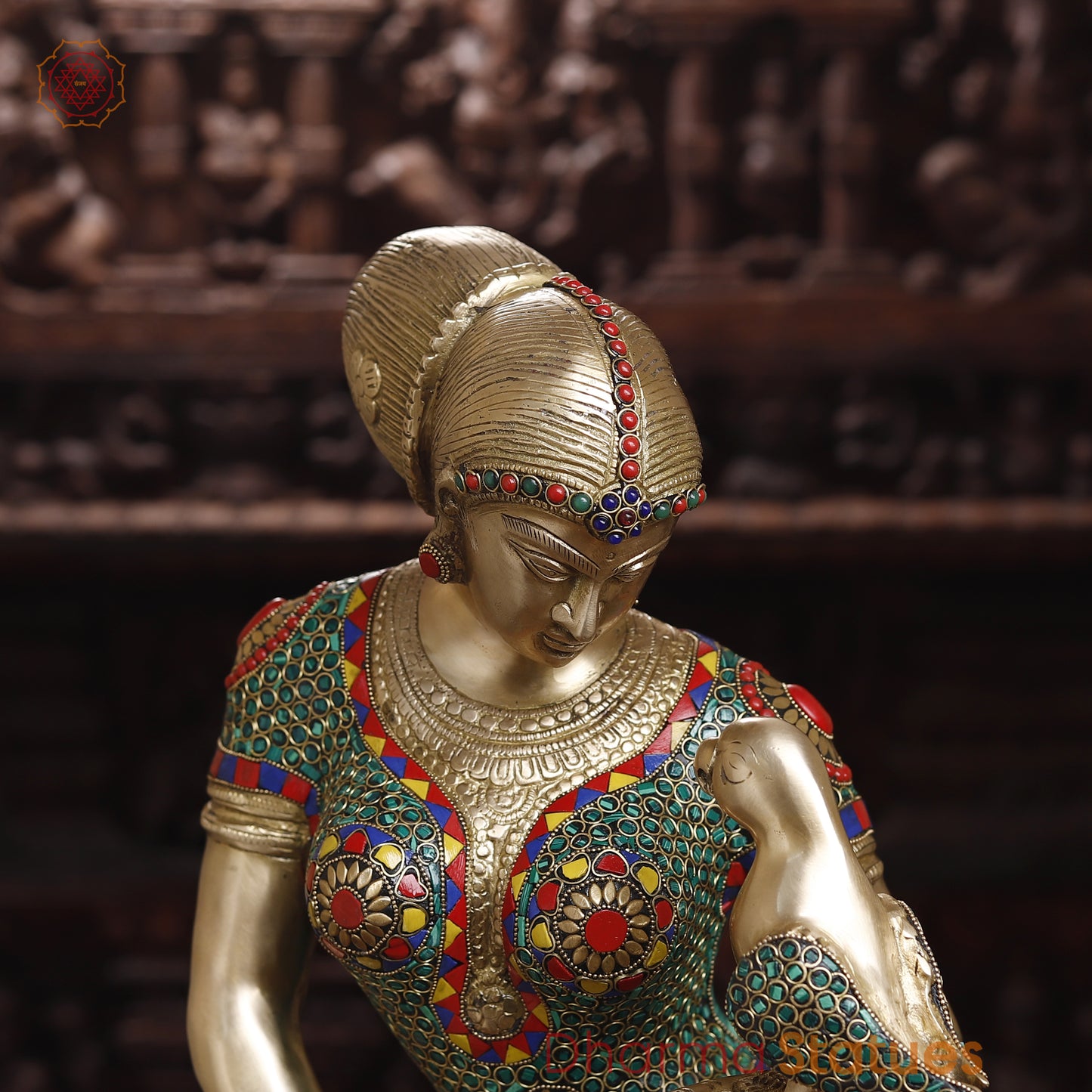 Brass Lady with Inlay Work, Stonework & Golden Finish, 35"
