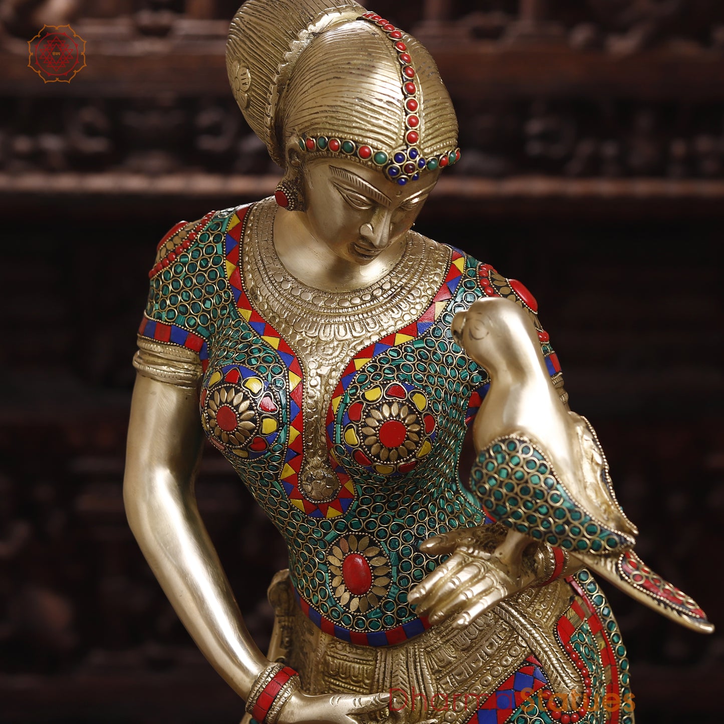 Brass Lady with Inlay Work, Stonework & Golden Finish, 35"