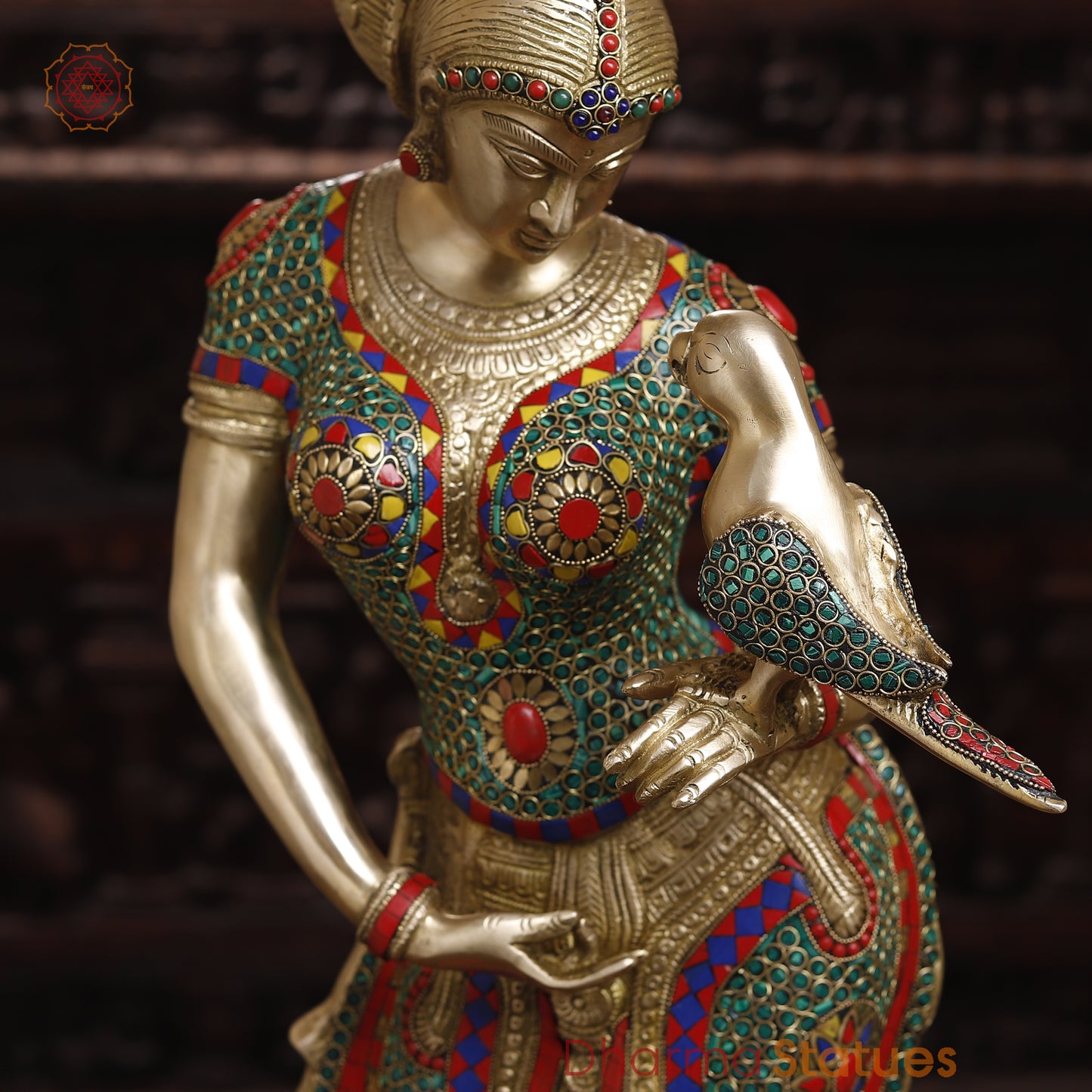 Brass Lady with Inlay Work, Stonework & Golden Finish, 35"