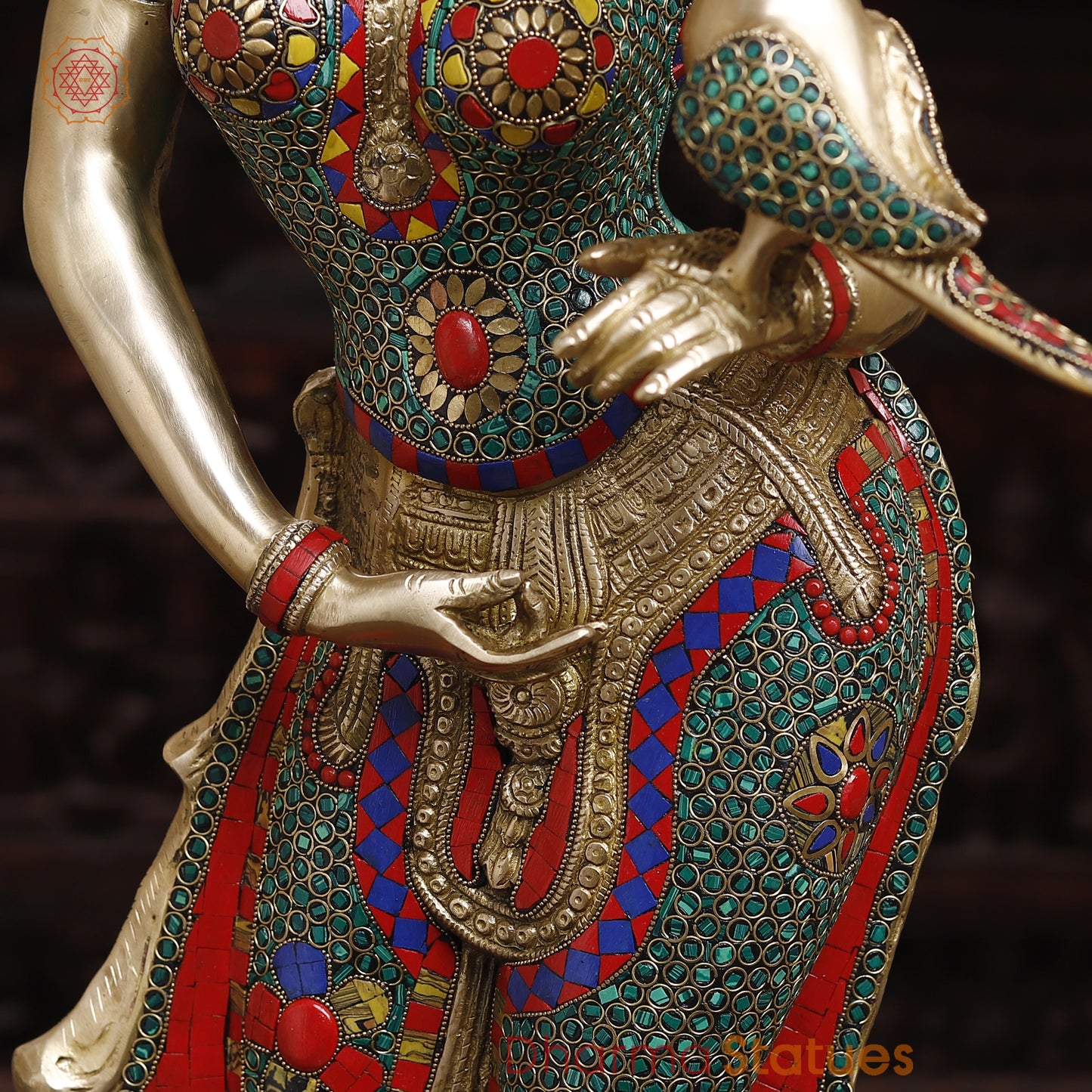 Brass Lady with Inlay Work, Stonework & Golden Finish, 35"