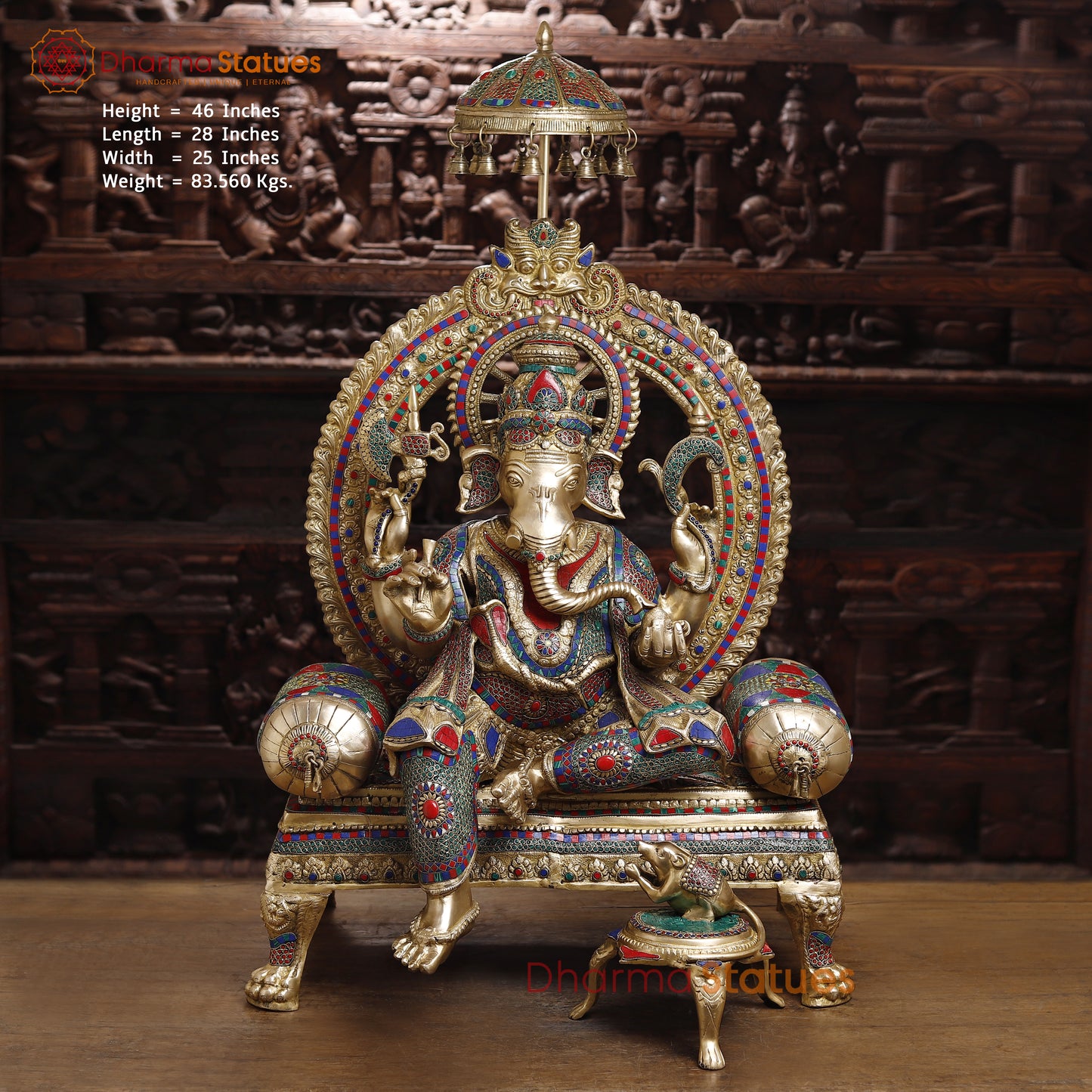 Brass Ganesh on Throne, Stonework & Golden Finish, 46"