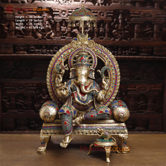 Brass Ganesh on Throne, Stonework & Golden Finish, 46"