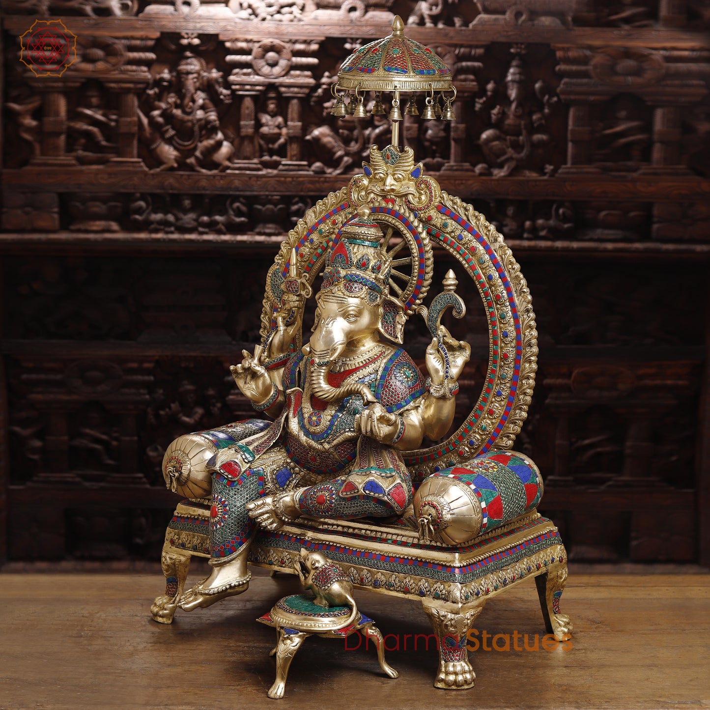 Brass Ganesh on Throne, Stonework & Golden Finish, 46"