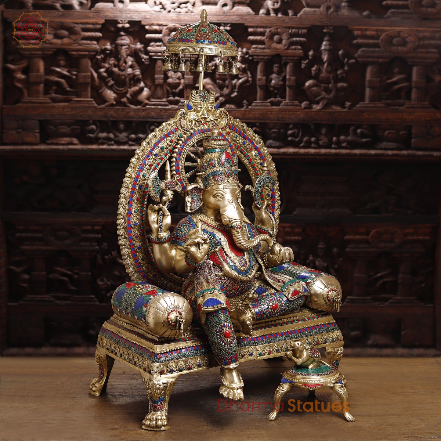 Brass Ganesh on Throne, Stonework & Golden Finish, 46"