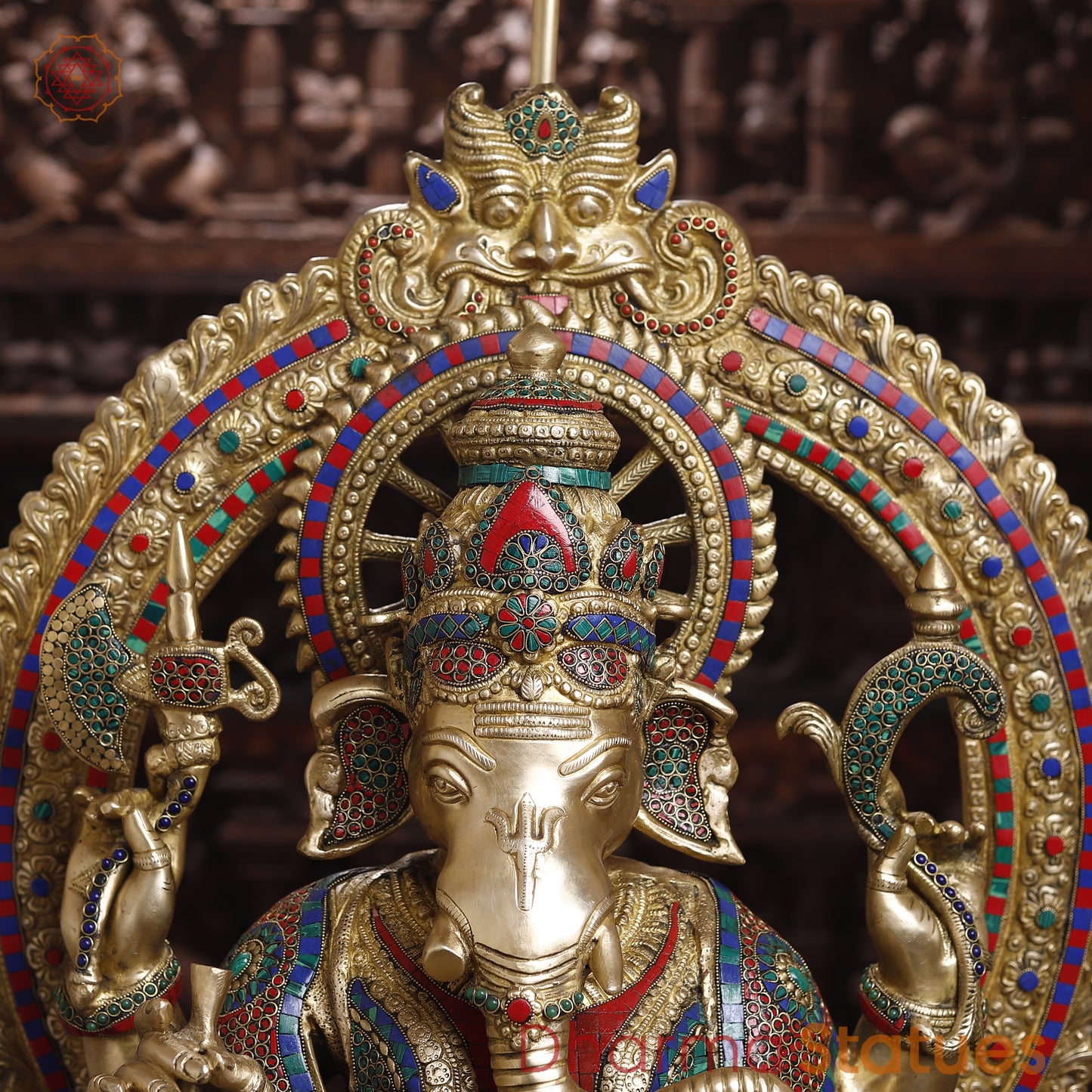 Brass Ganesh on Throne, Stonework & Golden Finish, 46"