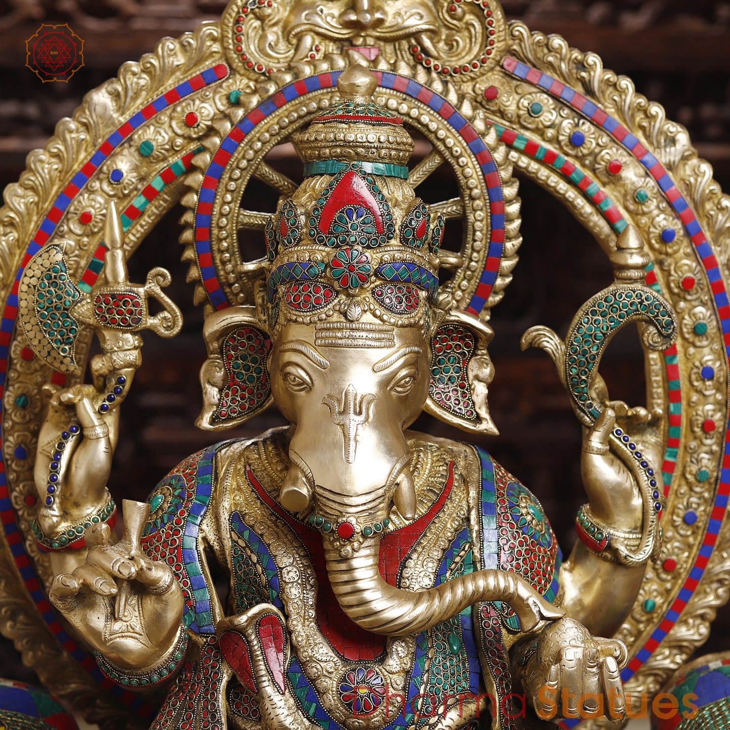 Brass Ganesh on Throne, Stonework & Golden Finish, 46"